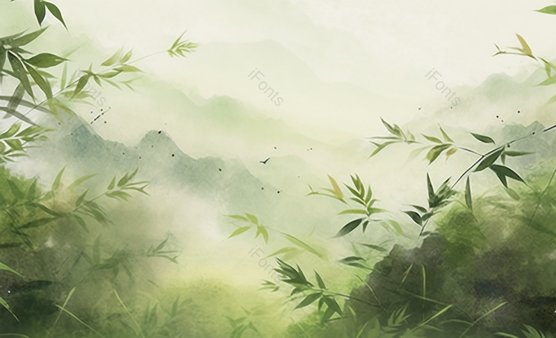 彩色水彩画春天夏天季节山川云雾弥漫和竹林竹叶竹子茁长生长文艺插画背景,插画/手绘图,插画/手绘图库,插画/手绘图下载,插画/手绘